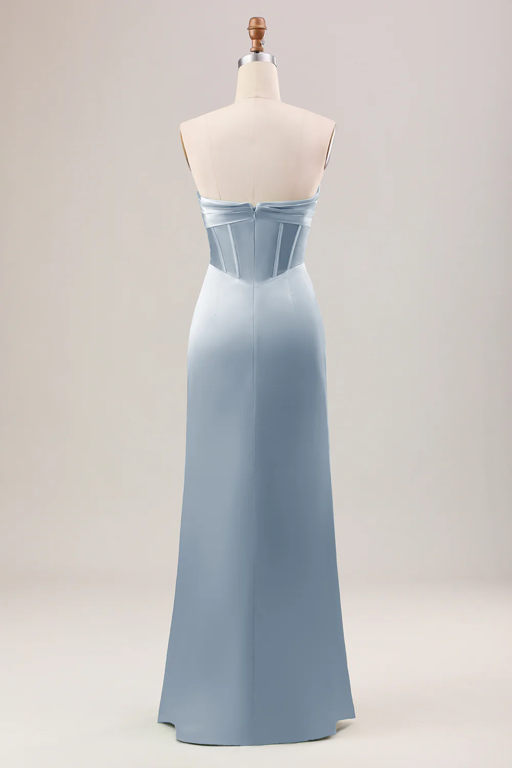 Robe de demoiselle d'honneur longue bustier bleu poussiéreux avec fente - Image 2