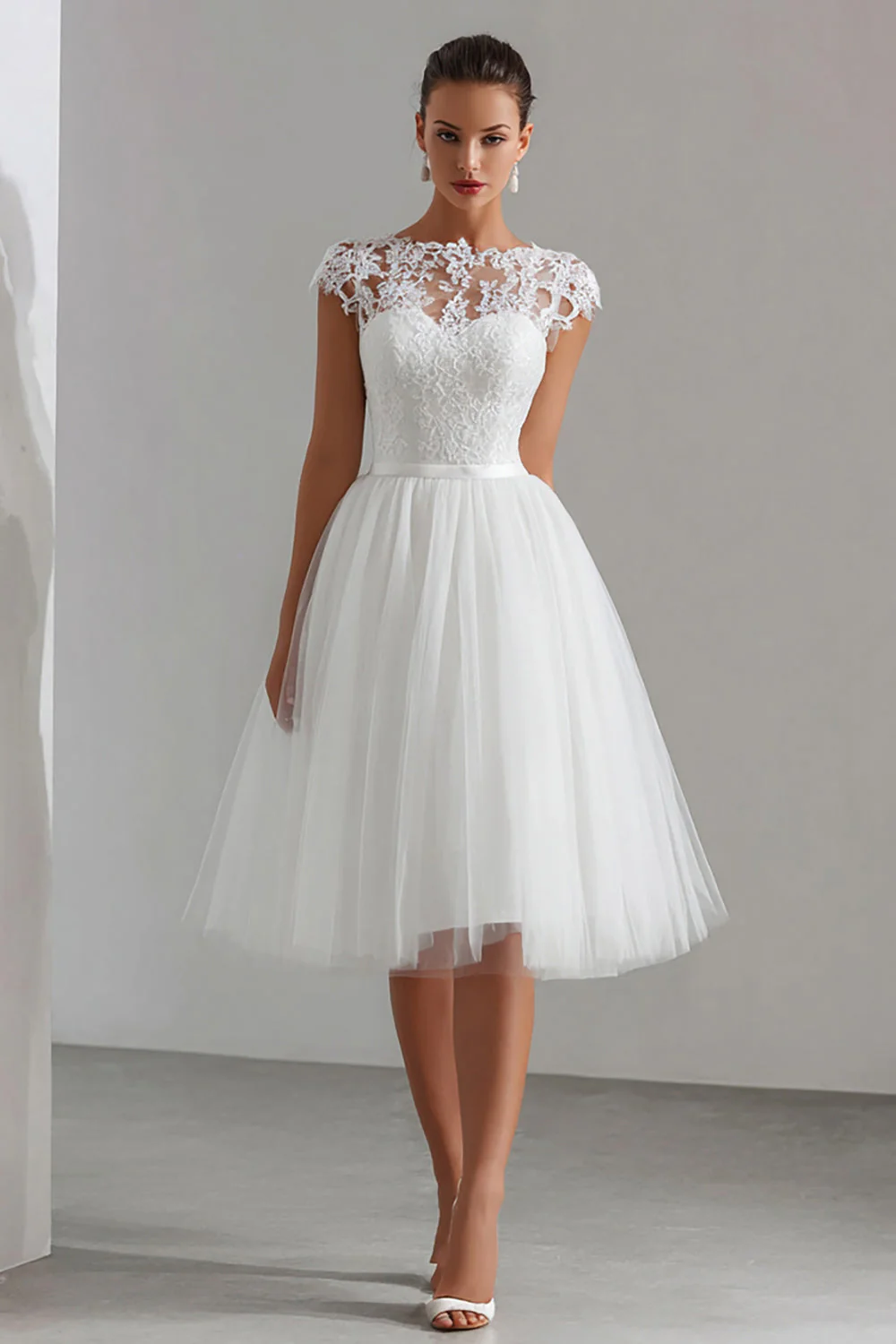 Robe de cérémonie midi en tulle blanc et dentelle
