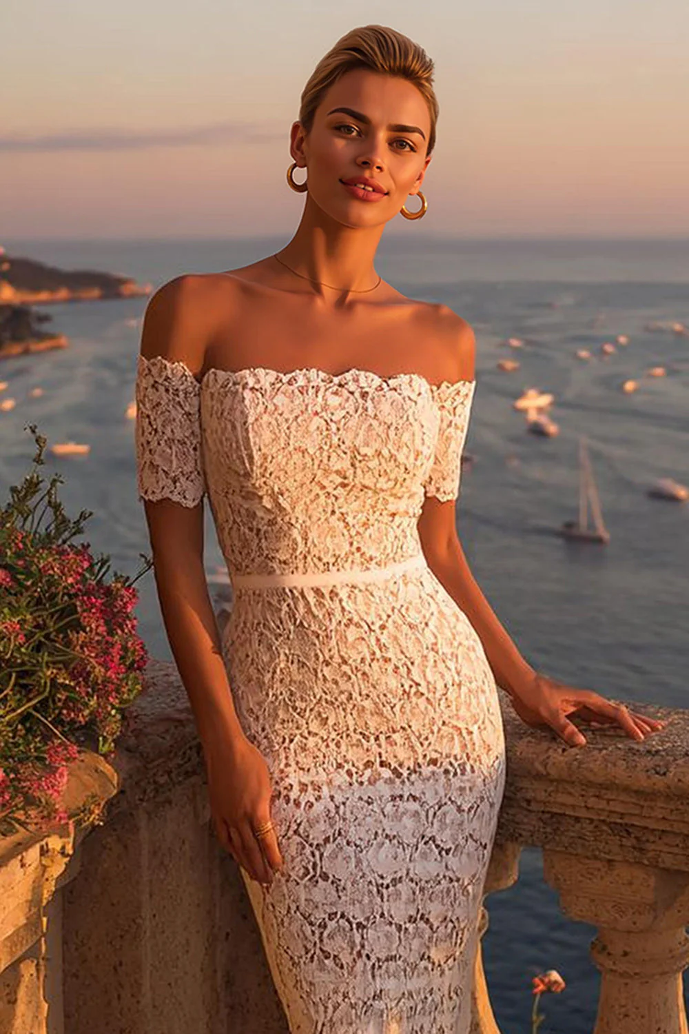 Robe de dîner de répétition midi ivoire à épaules dénudées en dentelle ivoire - Image 3