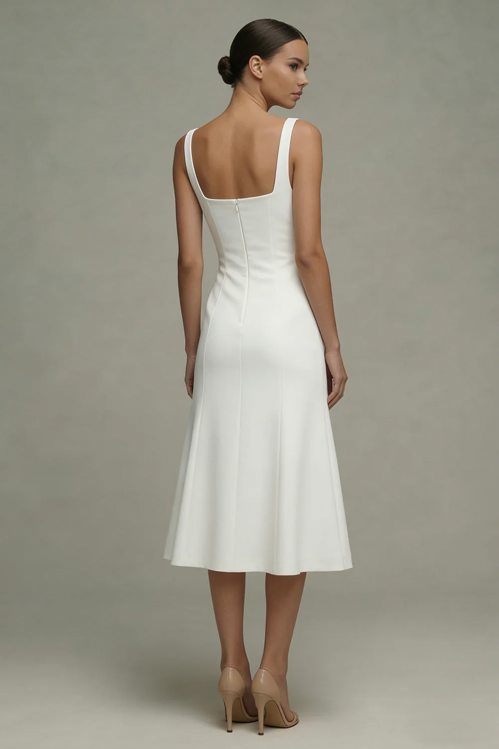 Robe de dîner midi à satin en satin à col carré blanche A Line - Image 2