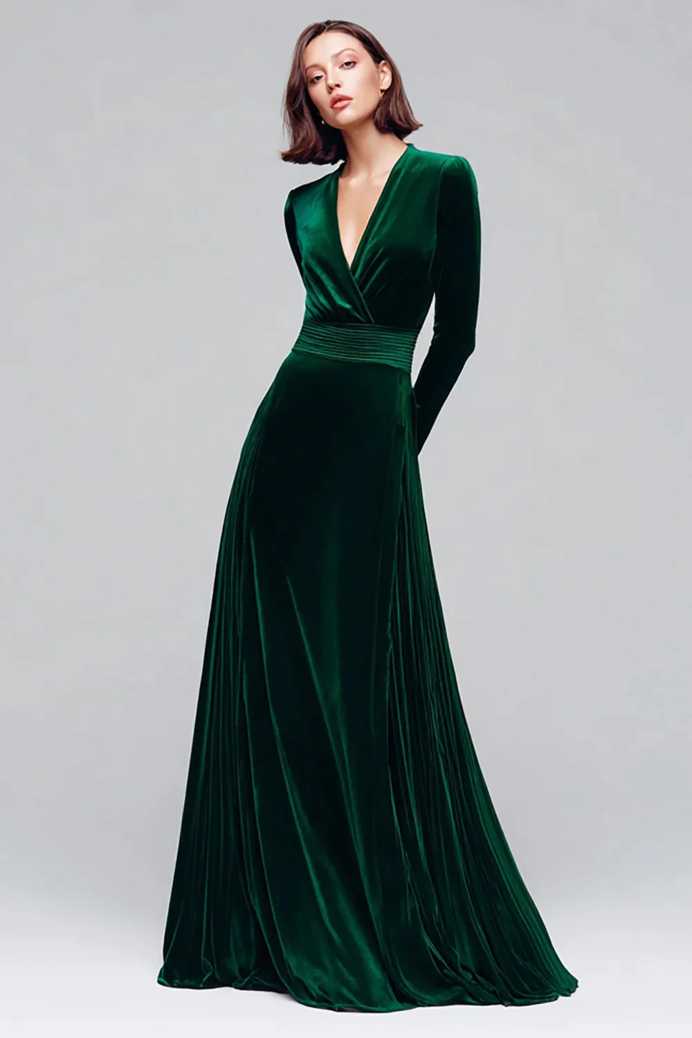 Robe de fête de vacances en velours à col en V vert foncé à manches longues