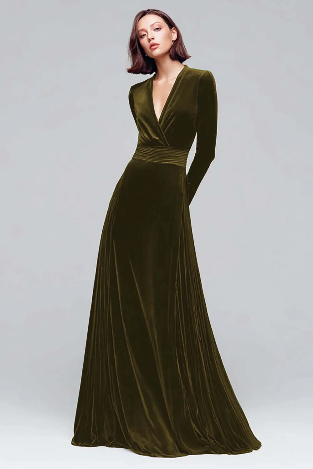 Robe de fête de vacances en velours à col en V vert foncé à manches longues - Image 10