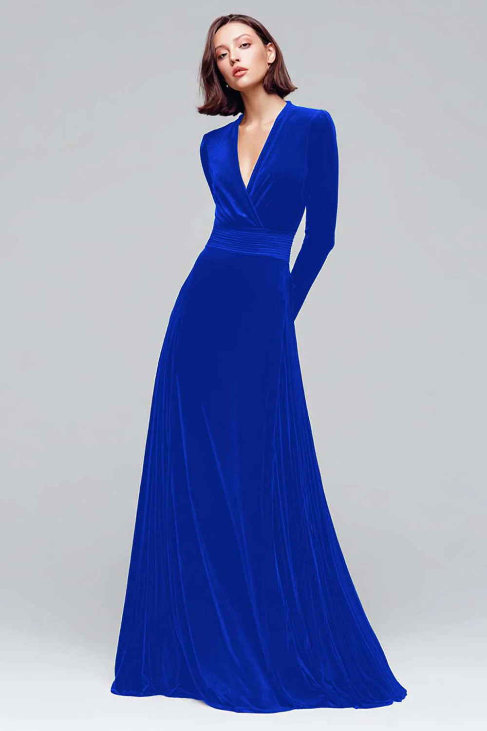 Robe de fête de vacances en velours à col en V vert foncé à manches longues - Image 13