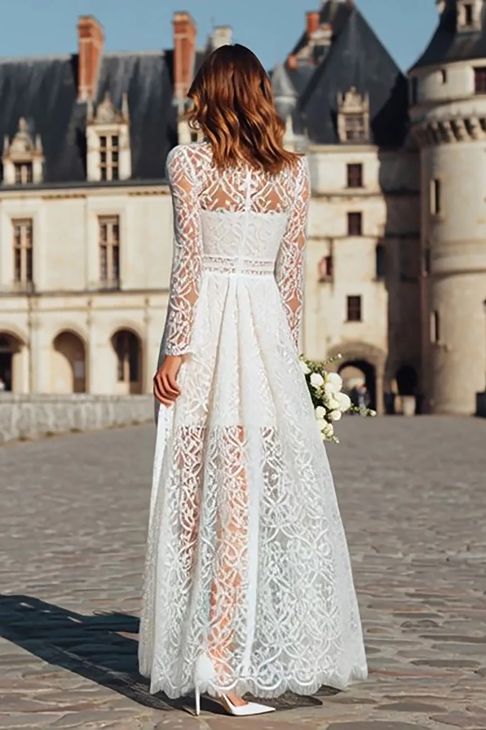 Robe de fiançailles à manches longues à col haut en dentelle ivoire - Image 2