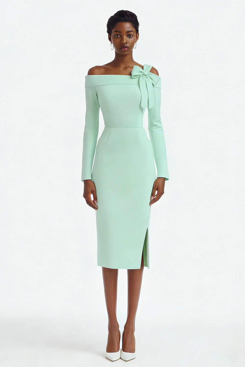 Robe de fiançailles à manches longues à fourreau à une épaule en ivoire avec fente - Image 3