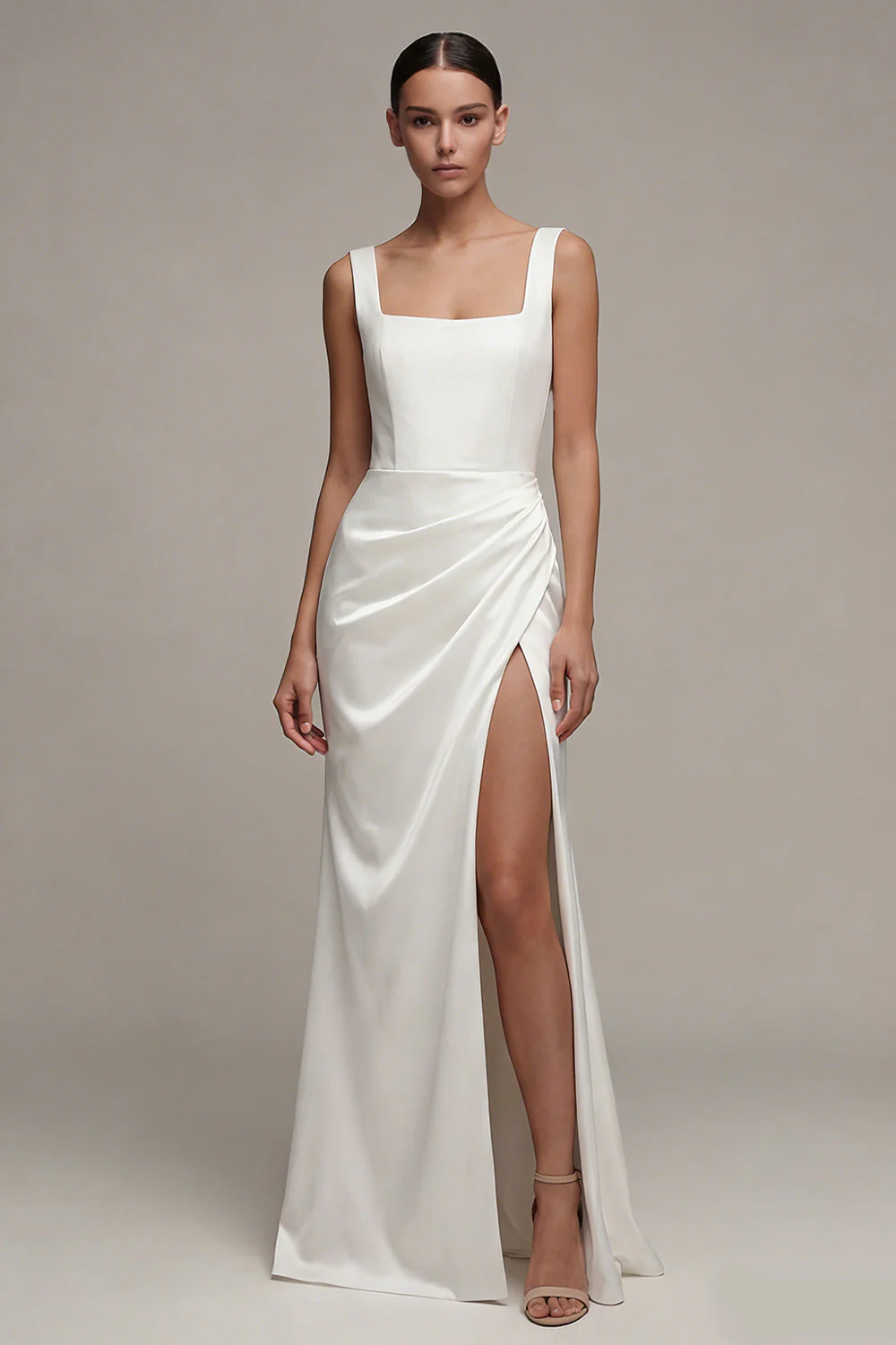 Robe de fiançailles blanche à col carré et froissée Maxi avec fente