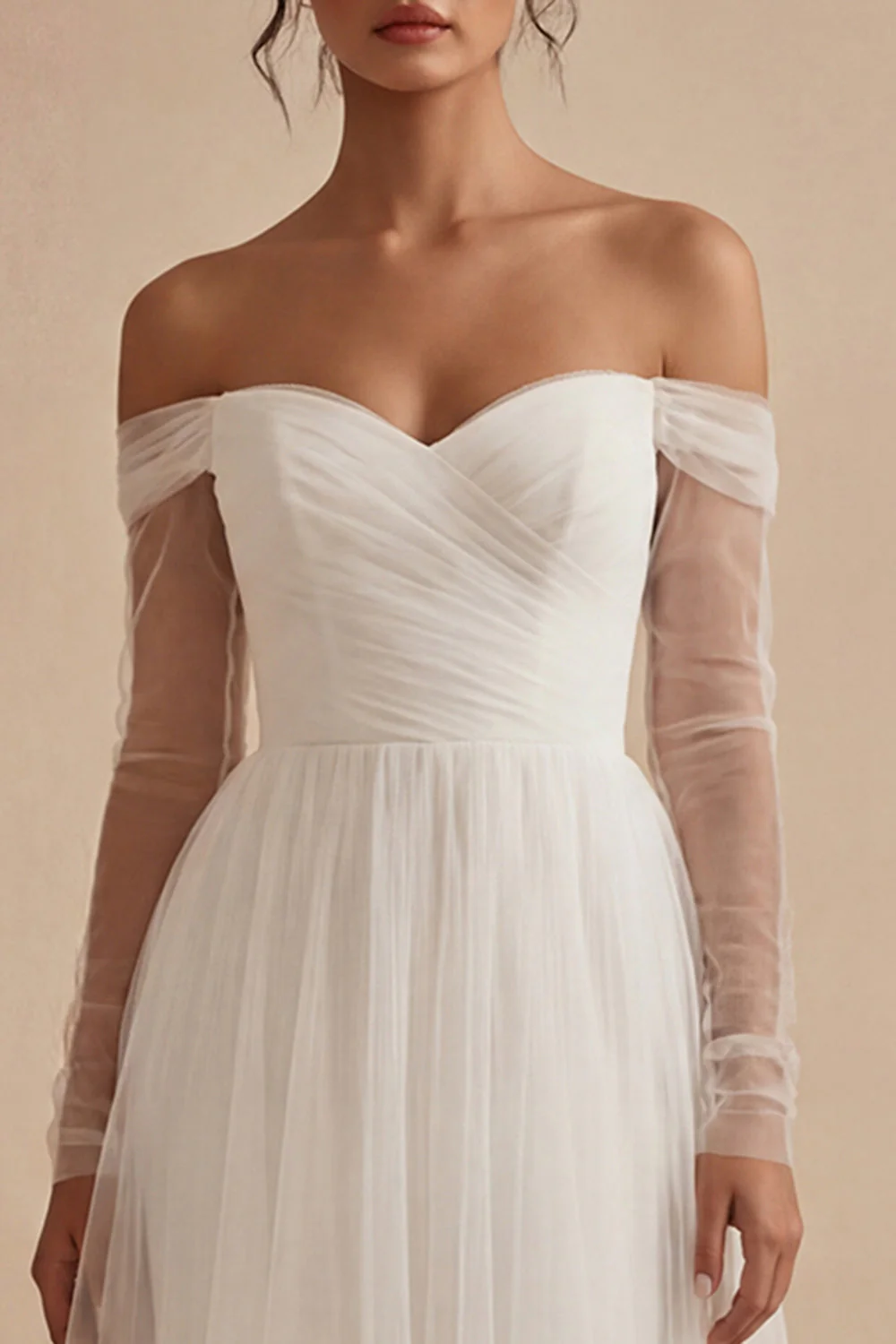 Robe de fiançailles blanche à manches longues à manches longues à une ligne décollée - Image 3