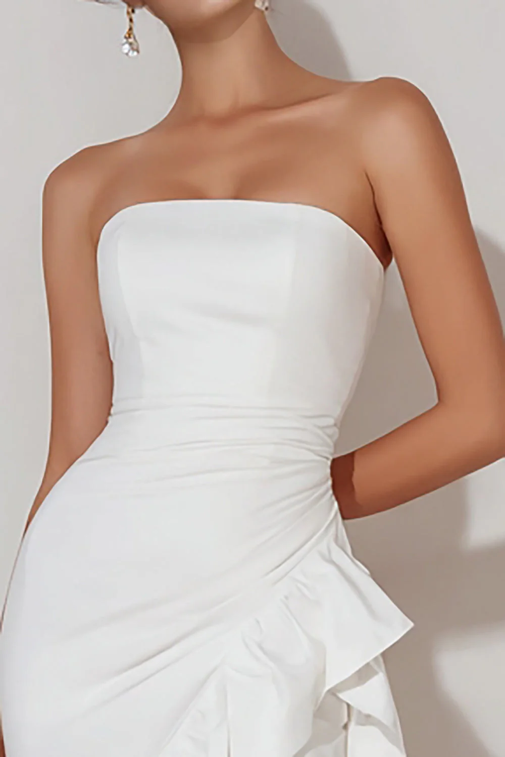 Robe de fiançailles blanche, sans bretelles à volants, haute basse - Image 3