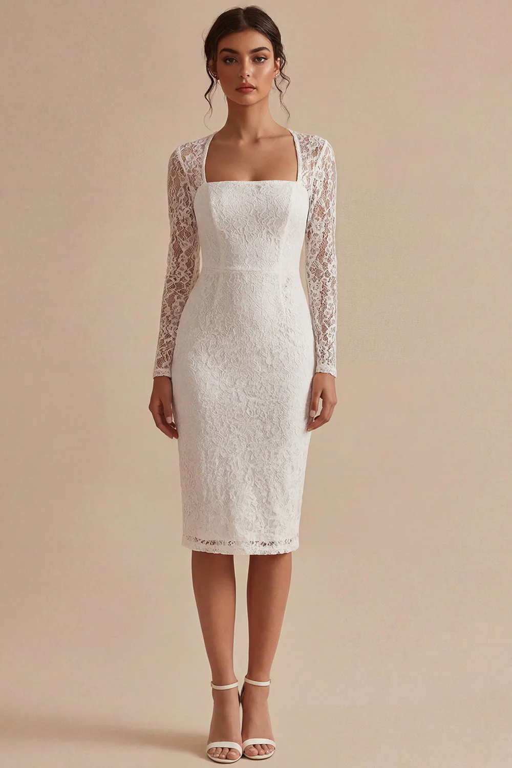 Robe de fiançailles bohèmes blanche à manches longues en dentelle bodycon en dentelle