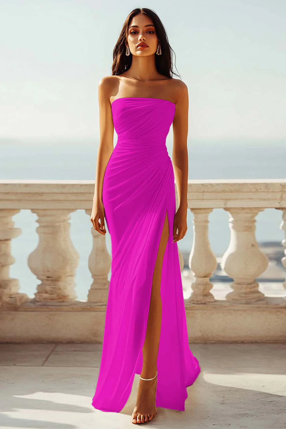 Robe de fiançailles de plage ivoire sans bretelles froncée en mousseline de soie avec fente - Image 12