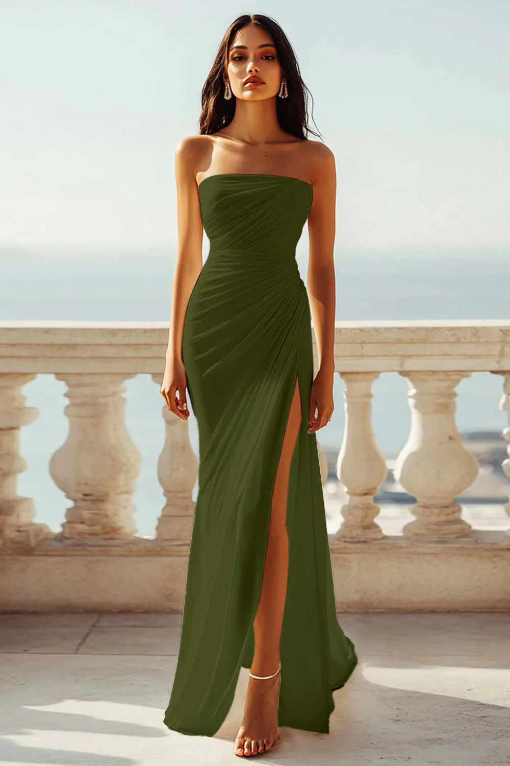 Robe de fiançailles de plage ivoire sans bretelles froncée en mousseline de soie avec fente - Image 14