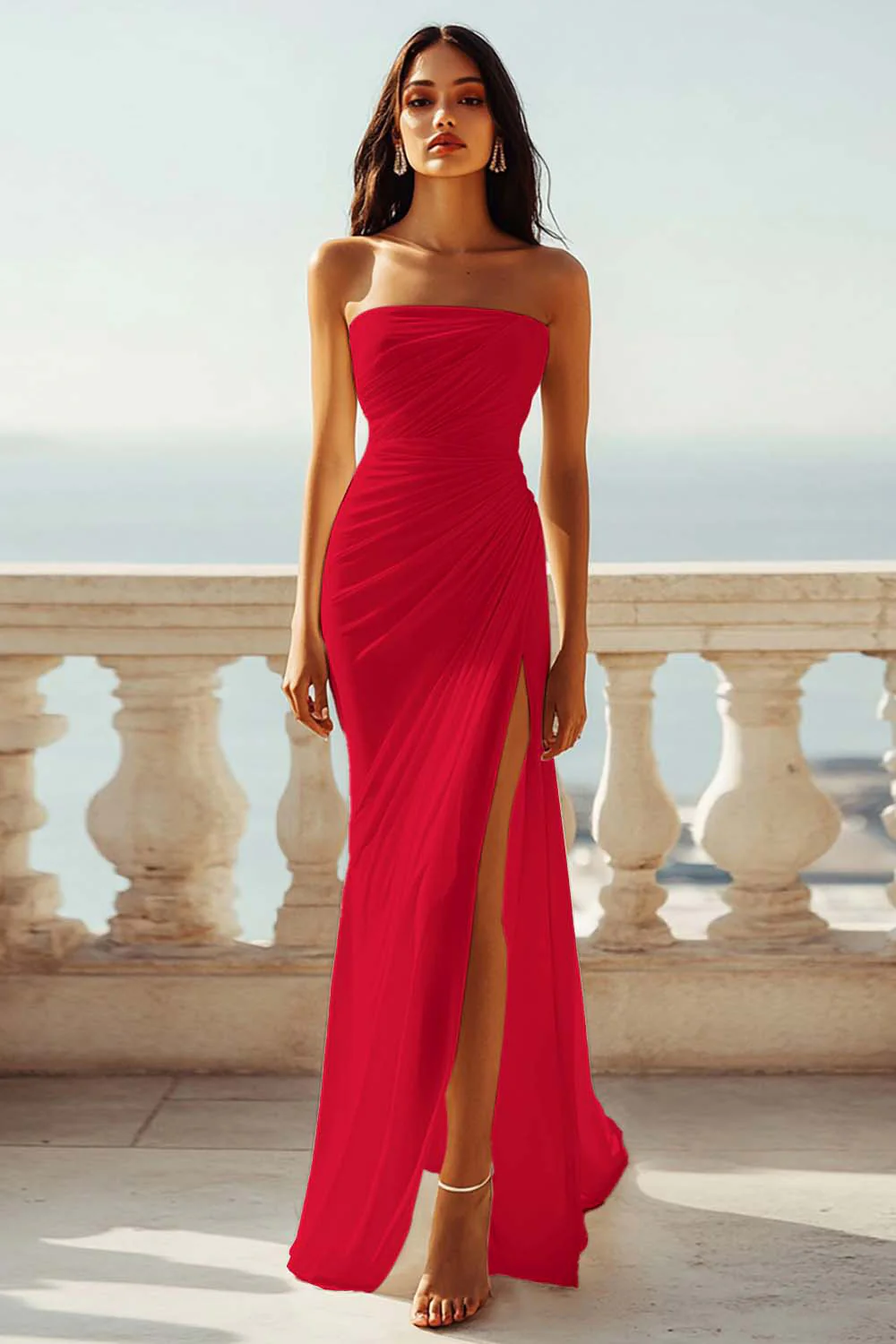 Robe de fiançailles de plage ivoire sans bretelles froncée en mousseline de soie avec fente - Image 15