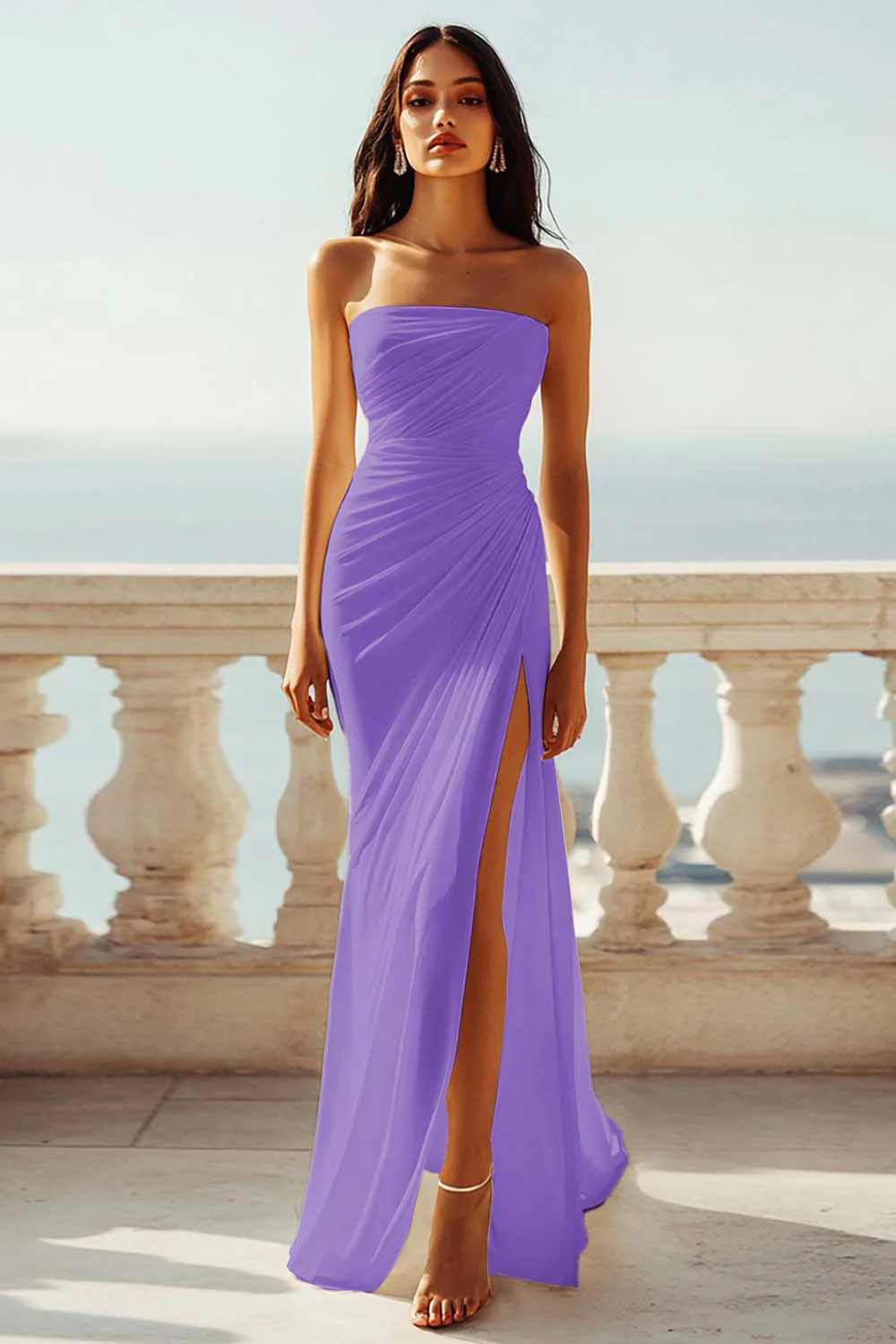 Robe de fiançailles de plage ivoire sans bretelles froncée en mousseline de soie avec fente - Image 18