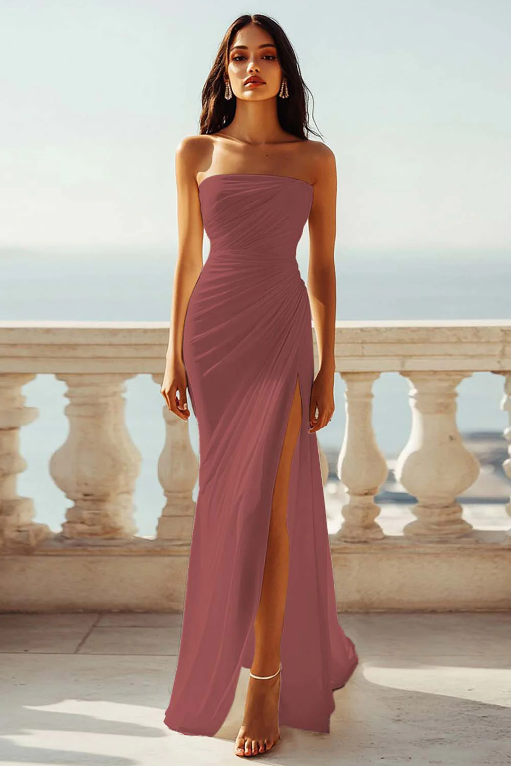 Robe de fiançailles de plage ivoire sans bretelles froncée en mousseline de soie avec fente - Image 8