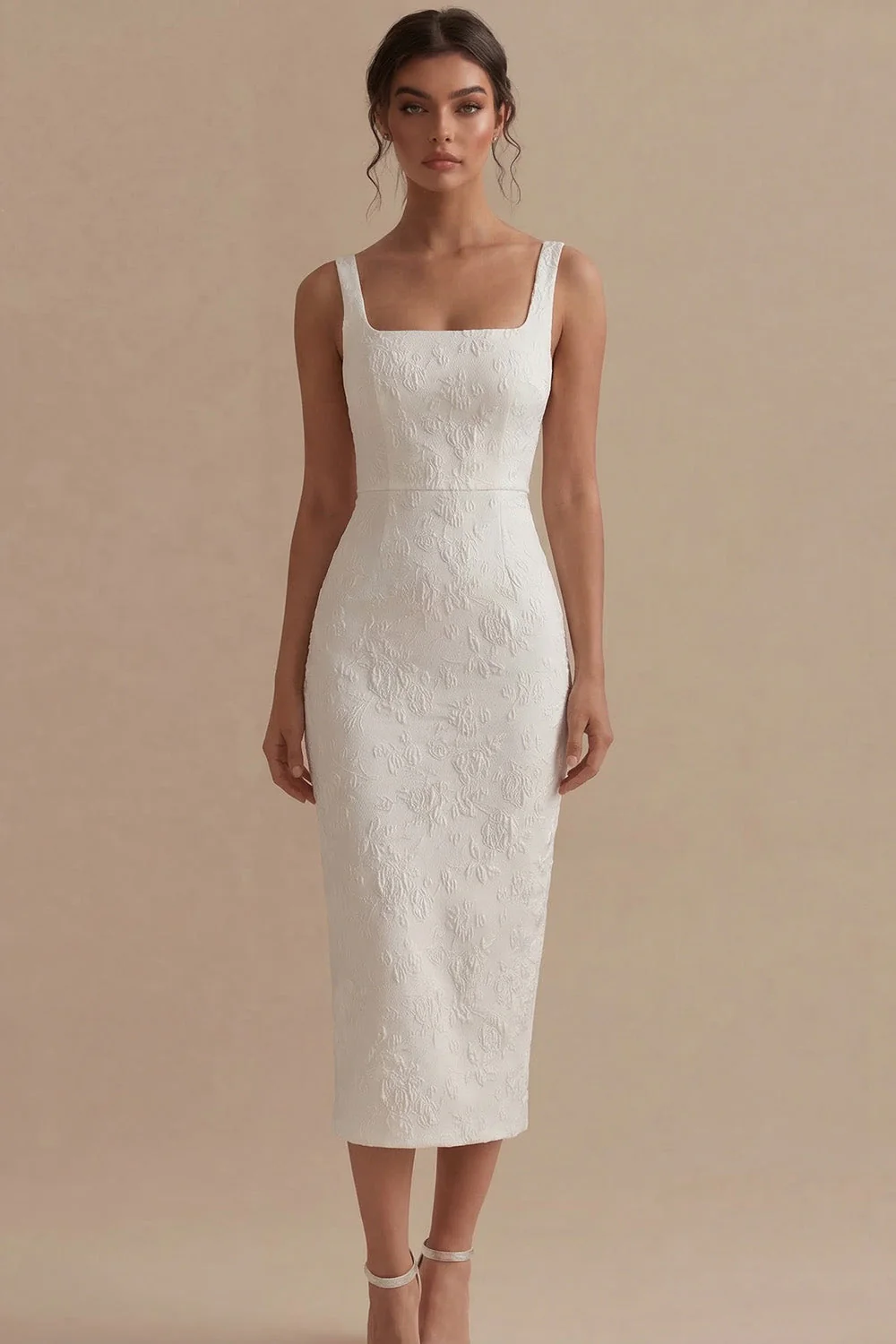 Robe de fiançailles Jacquard à col carré blanc à fourreau