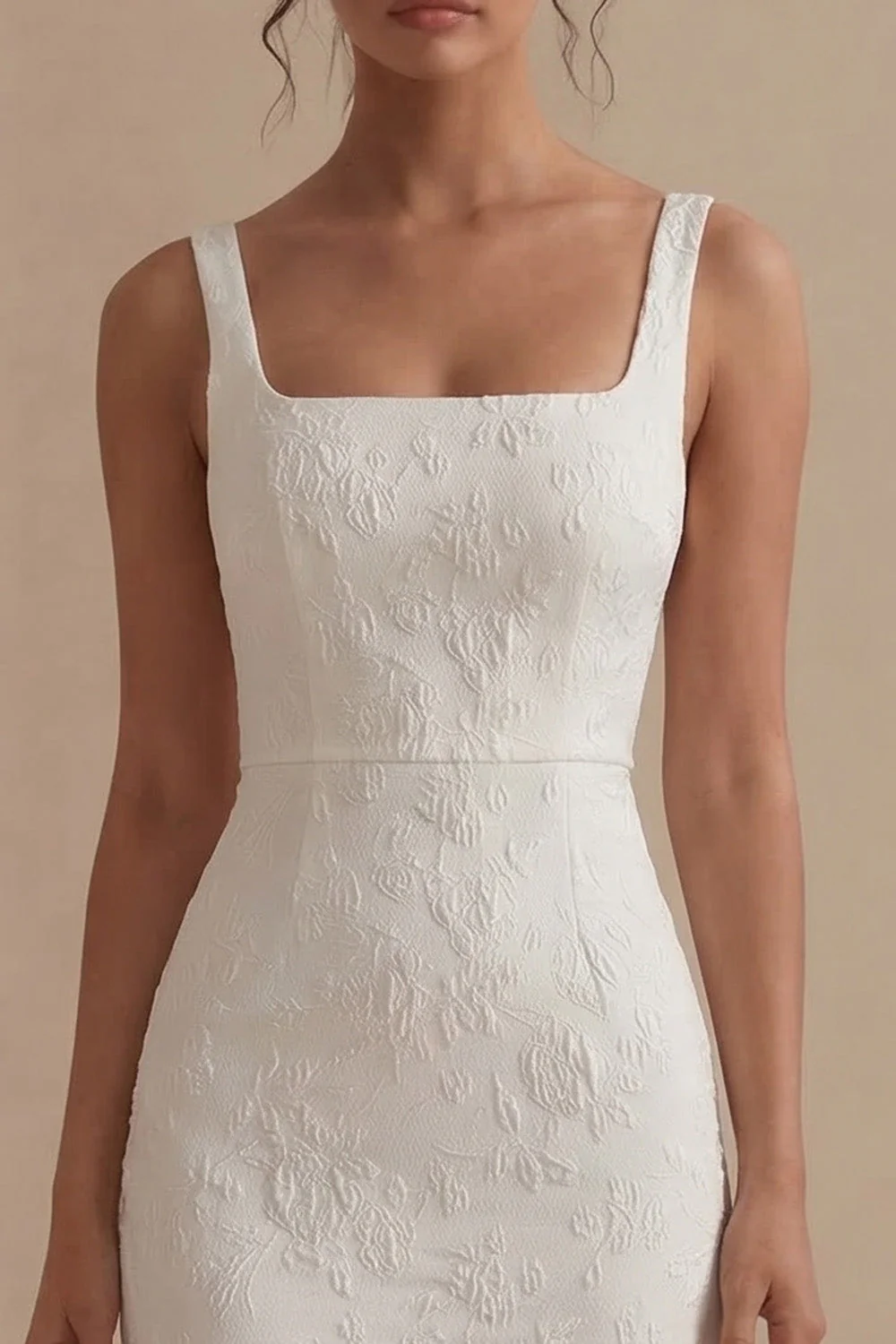 Robe de fiançailles Jacquard à col carré blanc à fourreau - Image 3