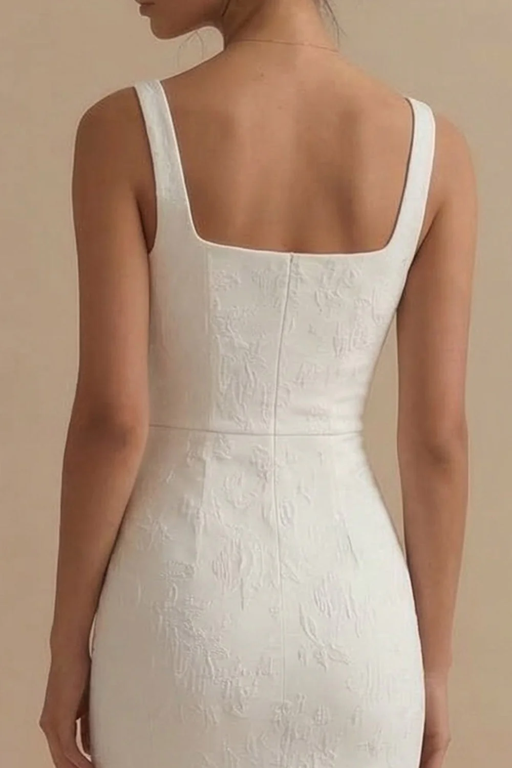 Robe de fiançailles Jacquard à col carré blanc à fourreau - Image 4