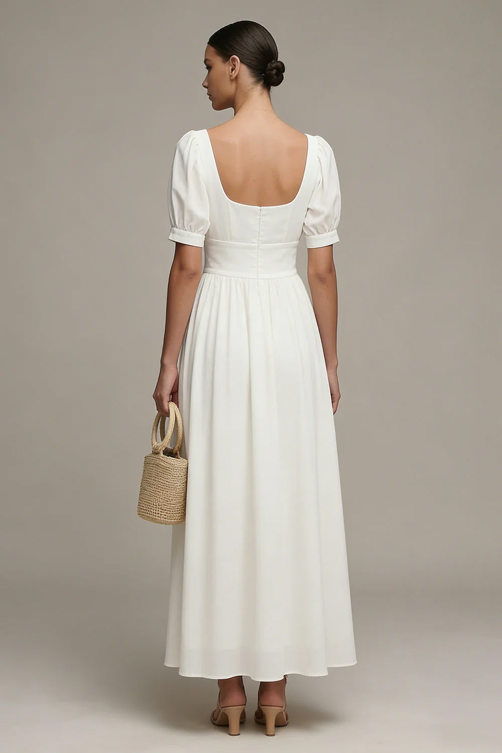 Robe de fiançailles longue blanche en chiffon chiffon à manches bouffantes - Image 2