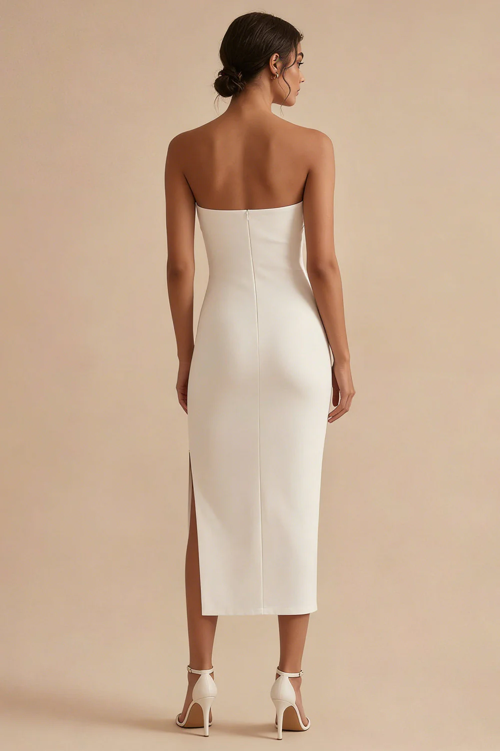 Robe de fiançailles longue bodycon, sans bretelles blanche, avec fente - Image 2