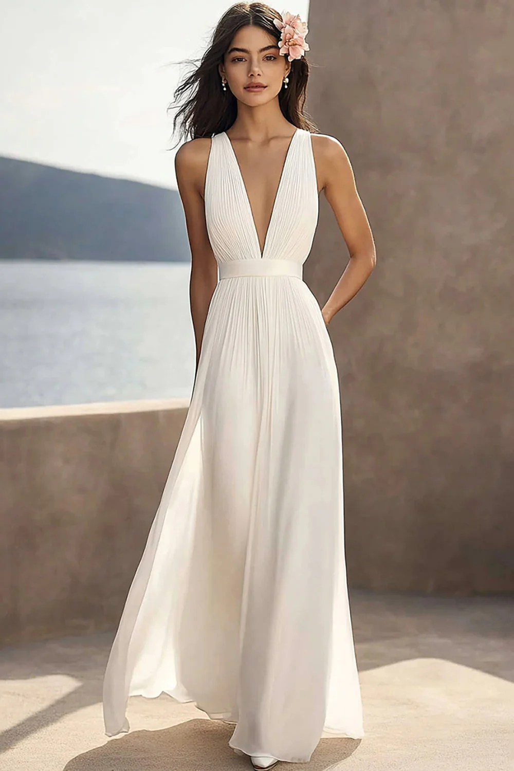 Robe de fiançailles longue ivoire en mousseline de soie froncée à col en V profond