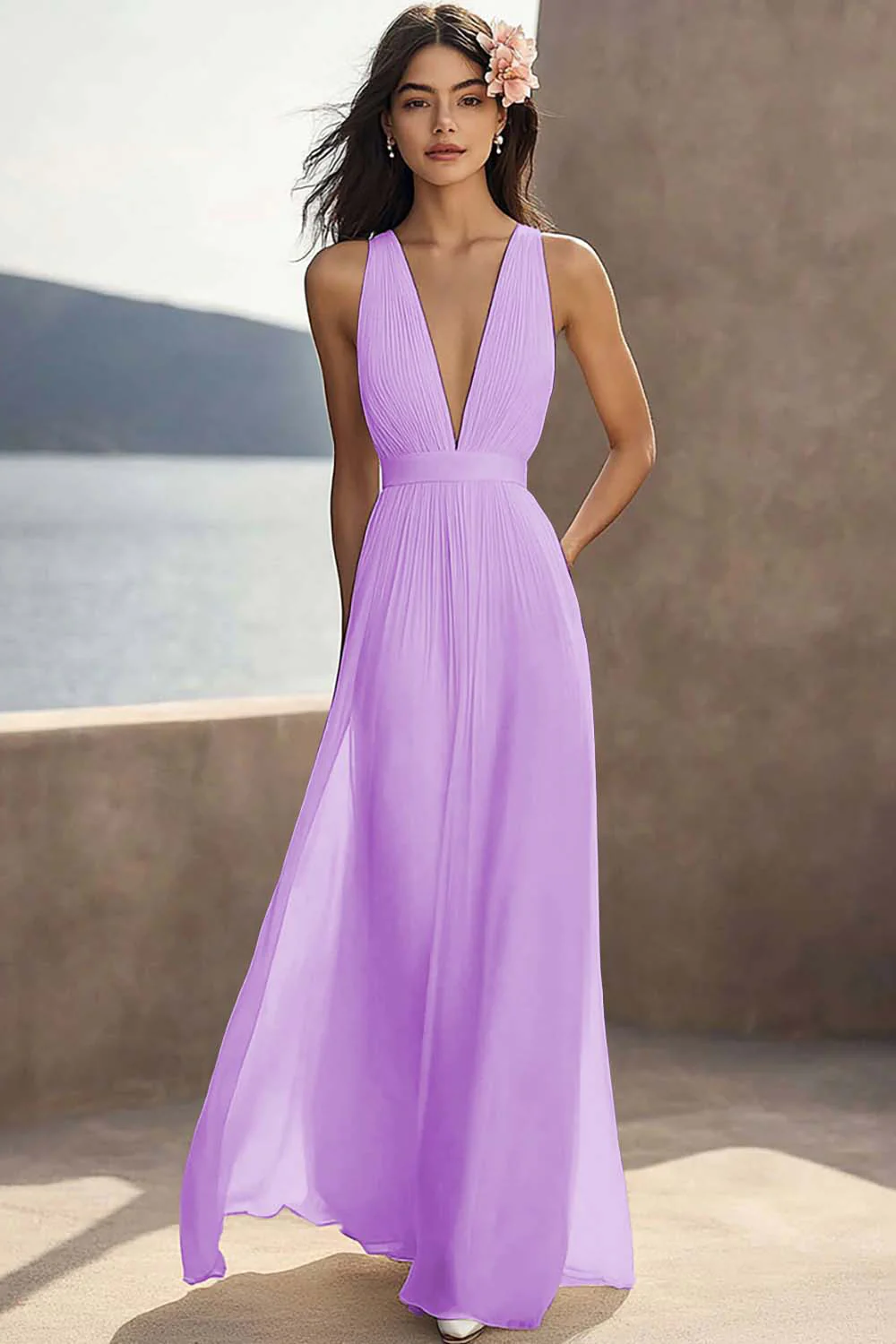 Robe de fiançailles longue ivoire en mousseline de soie froncée à col en V profond - Image 15