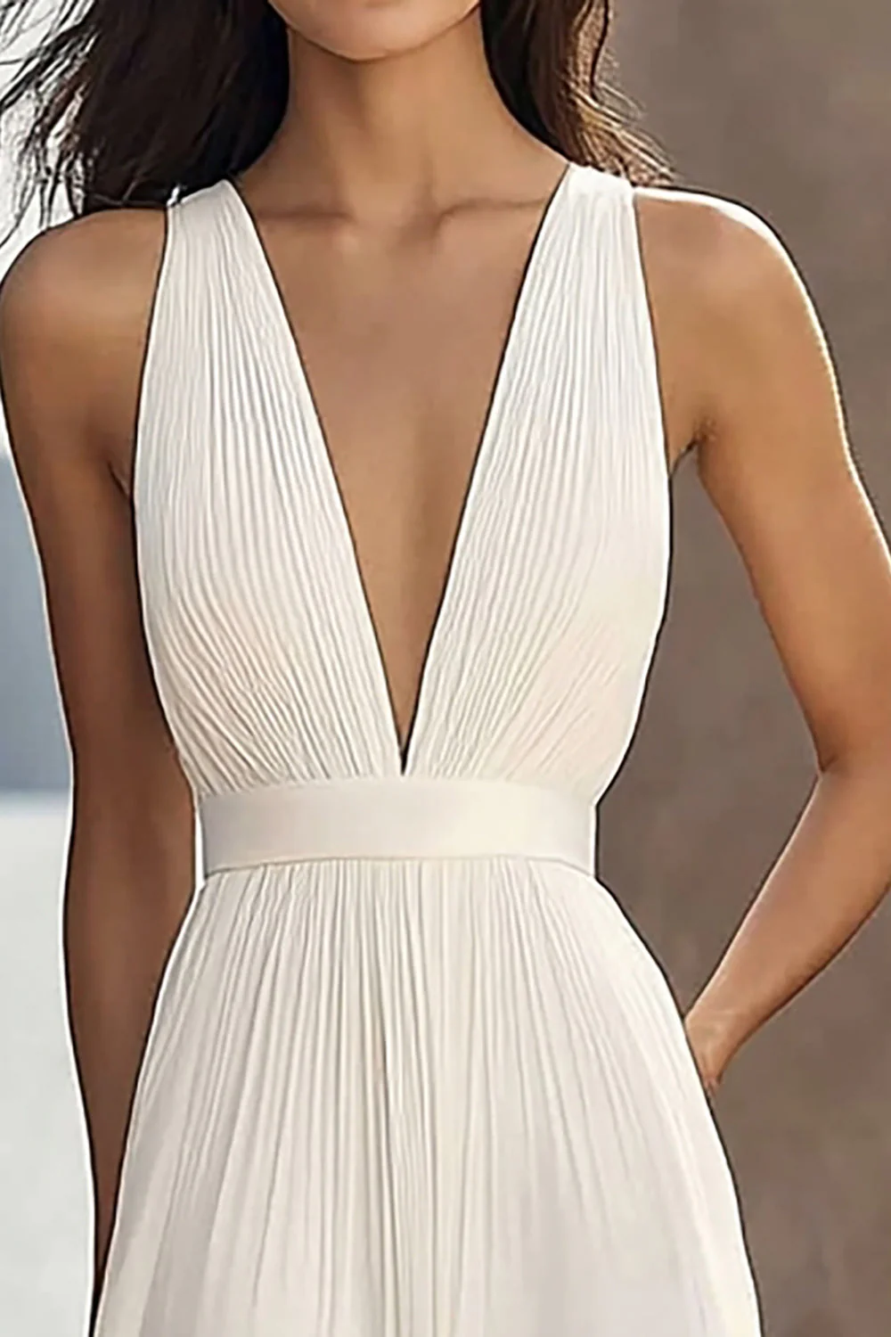 Robe de fiançailles longue ivoire en mousseline de soie froncée à col en V profond - Image 3