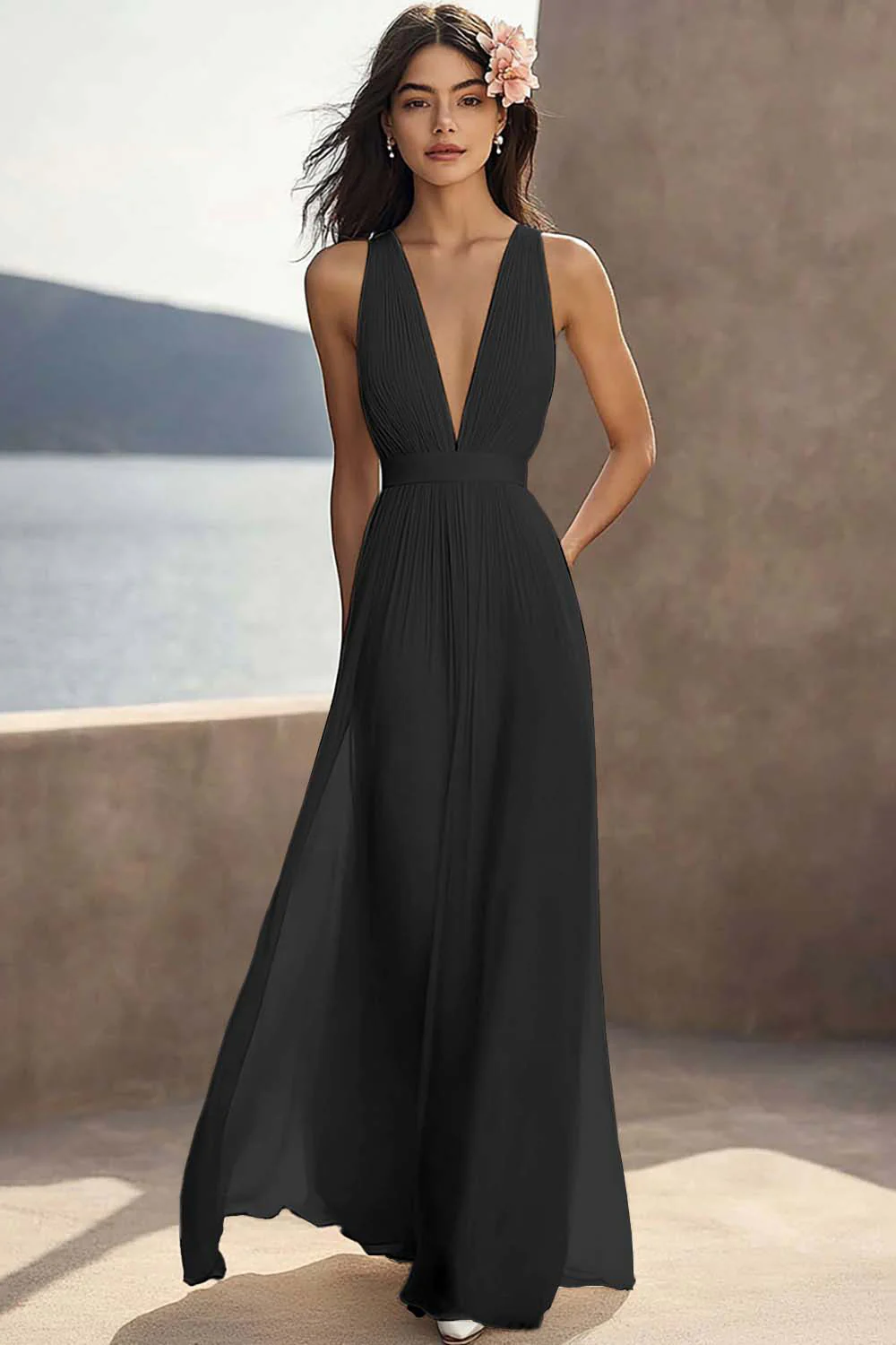 Robe de fiançailles longue ivoire en mousseline de soie froncée à col en V profond - Image 4