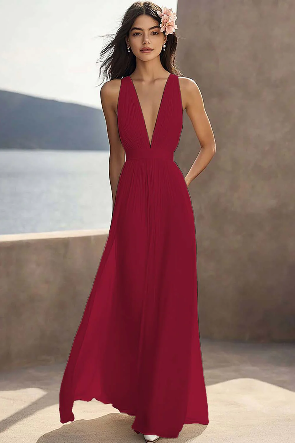 Robe de fiançailles longue ivoire en mousseline de soie froncée à col en V profond - Image 5