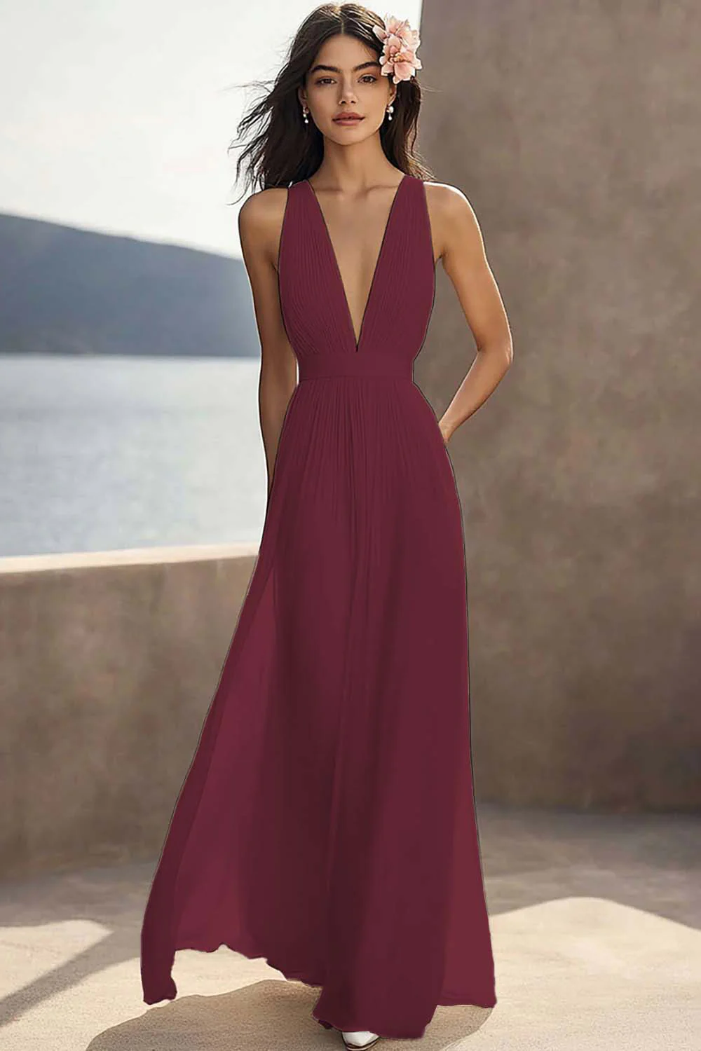 Robe de fiançailles longue ivoire en mousseline de soie froncée à col en V profond - Image 6
