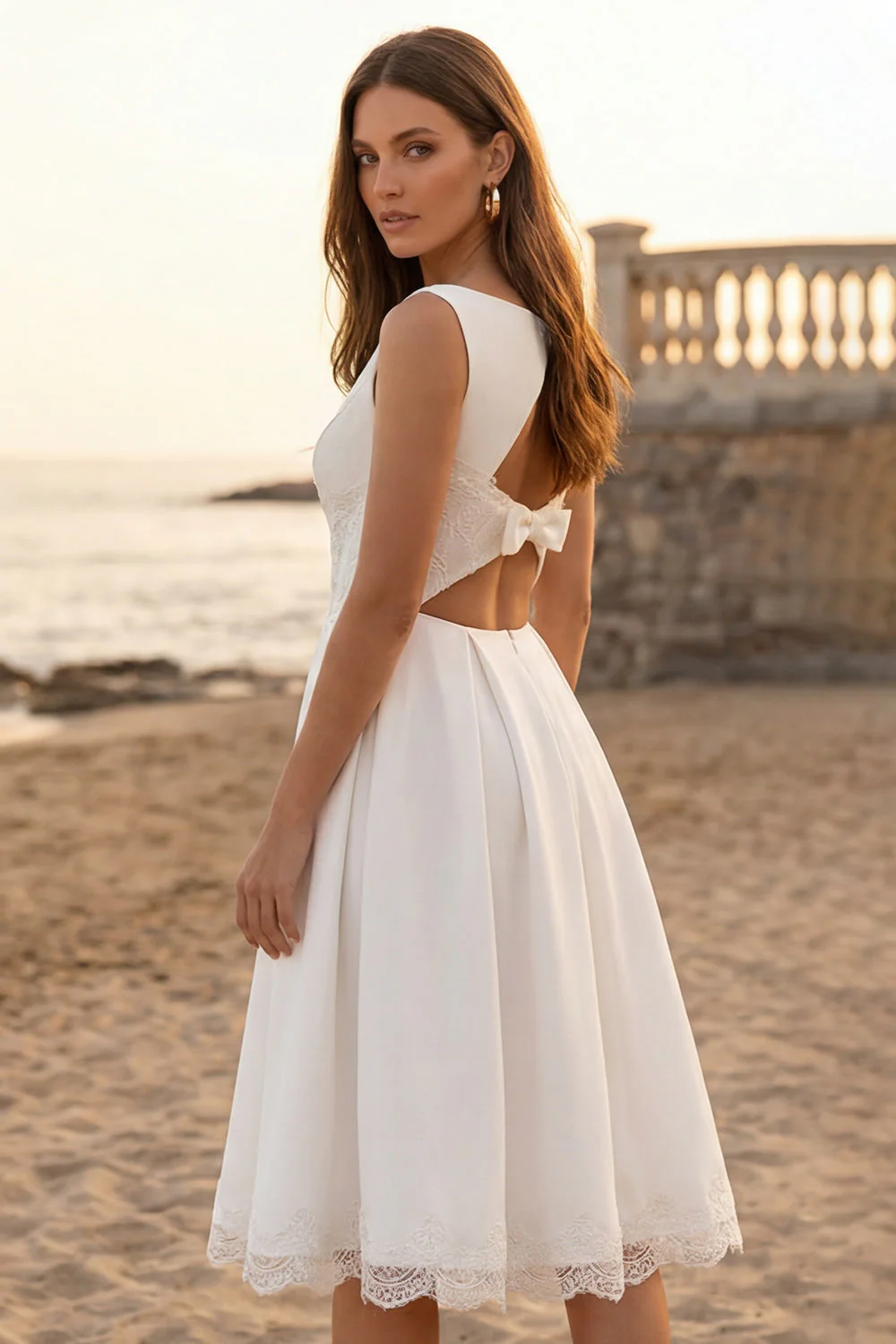 Robe de fiançailles Midi à col bateau ivoire avec des appliques - Image 2