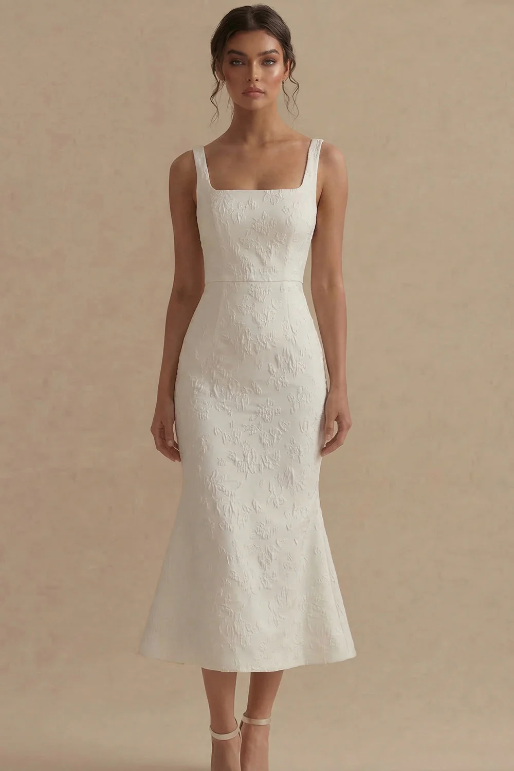 Robe de fiançailles Midi à col carré Jacquard, sirène blanche