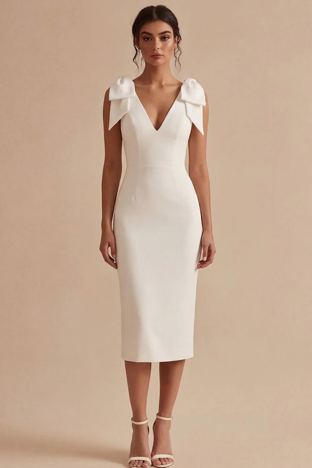Robe de fiançailles Midi blanche en satin à col en V avec nœuds