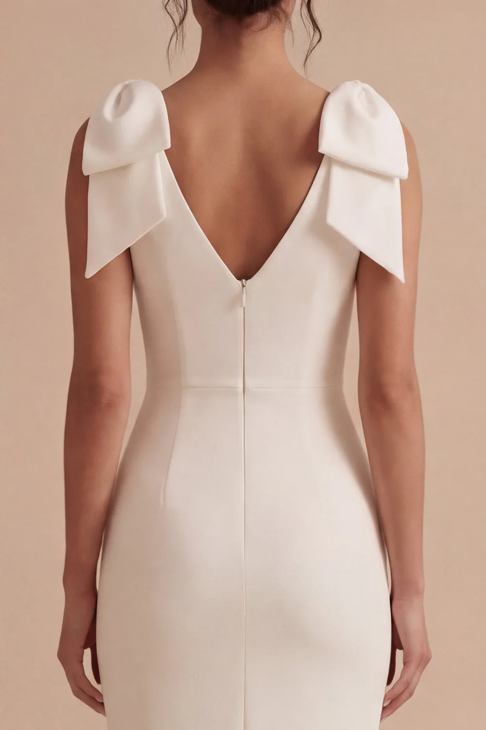 Robe de fiançailles Midi blanche en satin à col en V avec nœuds - Image 4