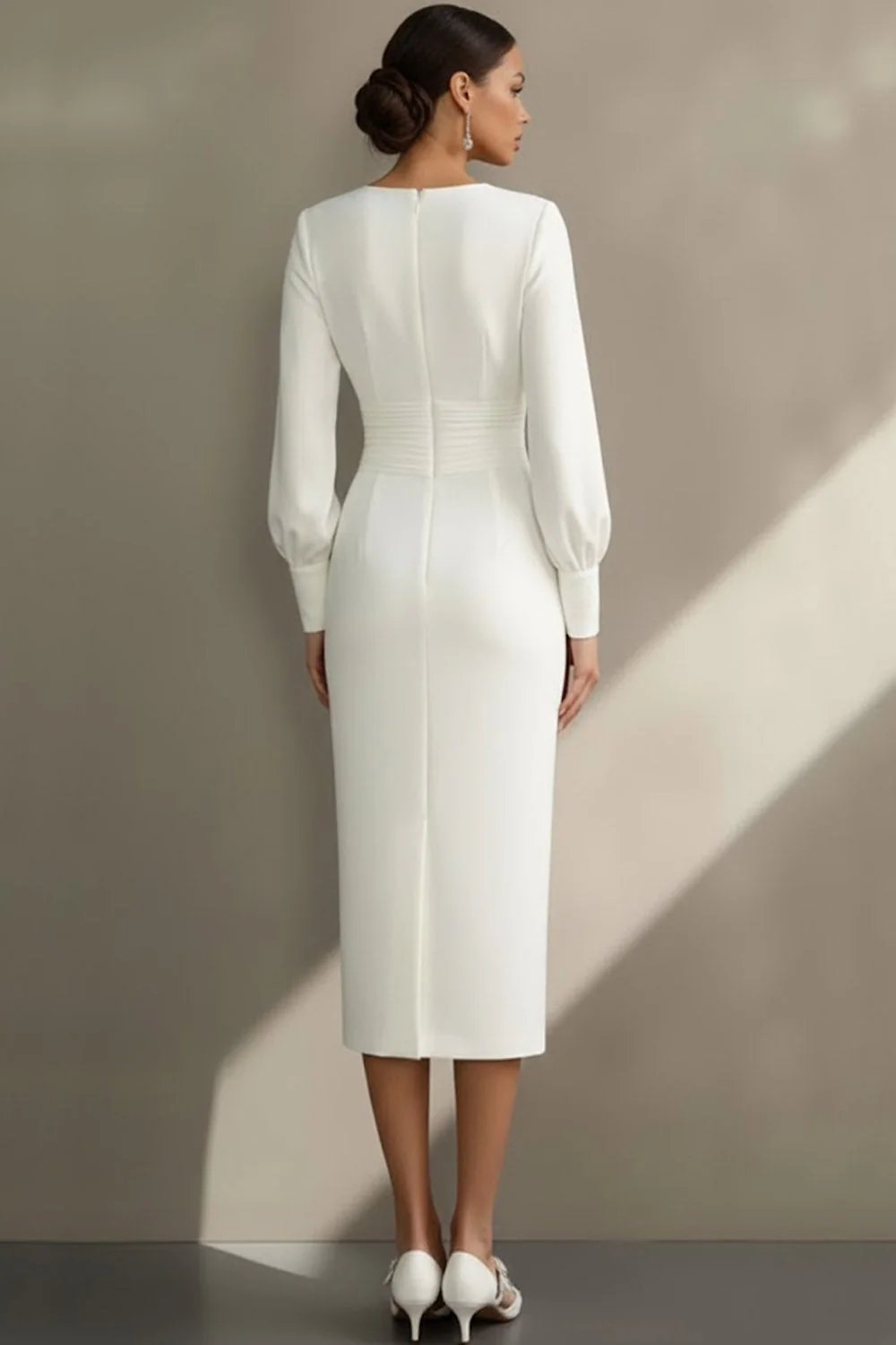 Robe de fiançailles Midi blanche simple à col rond et fourreau avec manches - Image 2