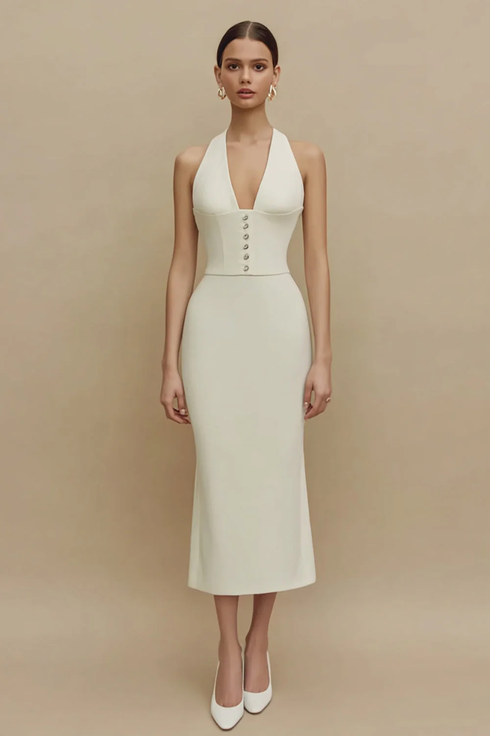 Robe de fiançailles Midi en satin en fourreau ivoire en halter