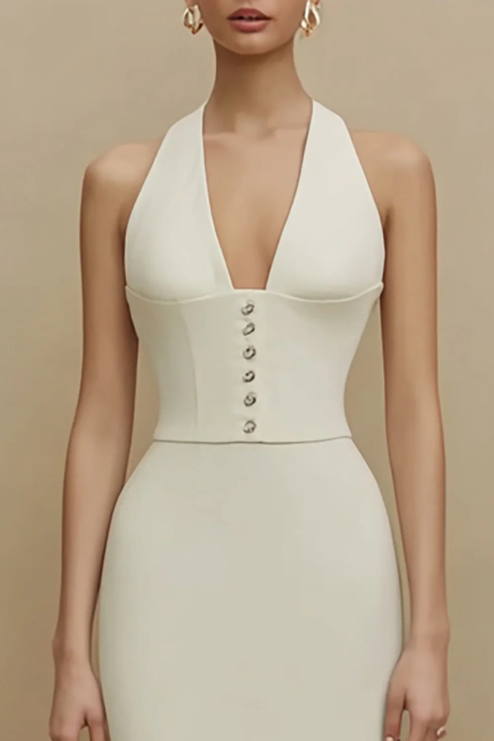 Robe de fiançailles Midi en satin en fourreau ivoire en halter - Image 3