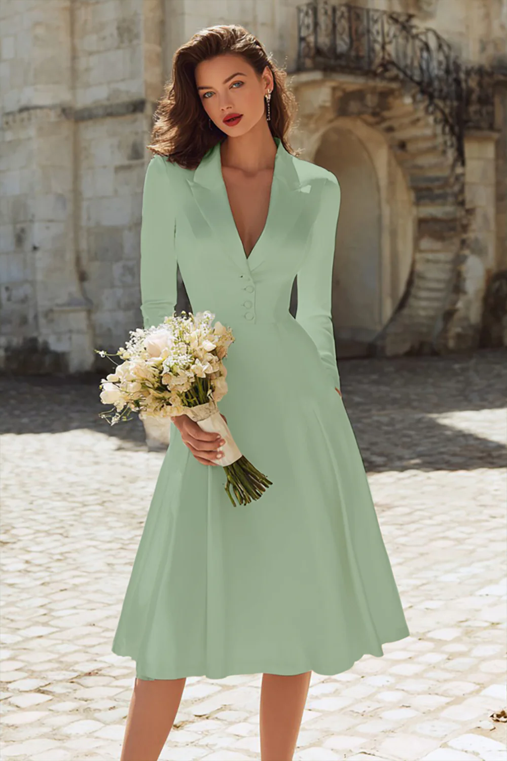 Robe de fiançailles midi en satin ivoire à revers pointu - Image 8