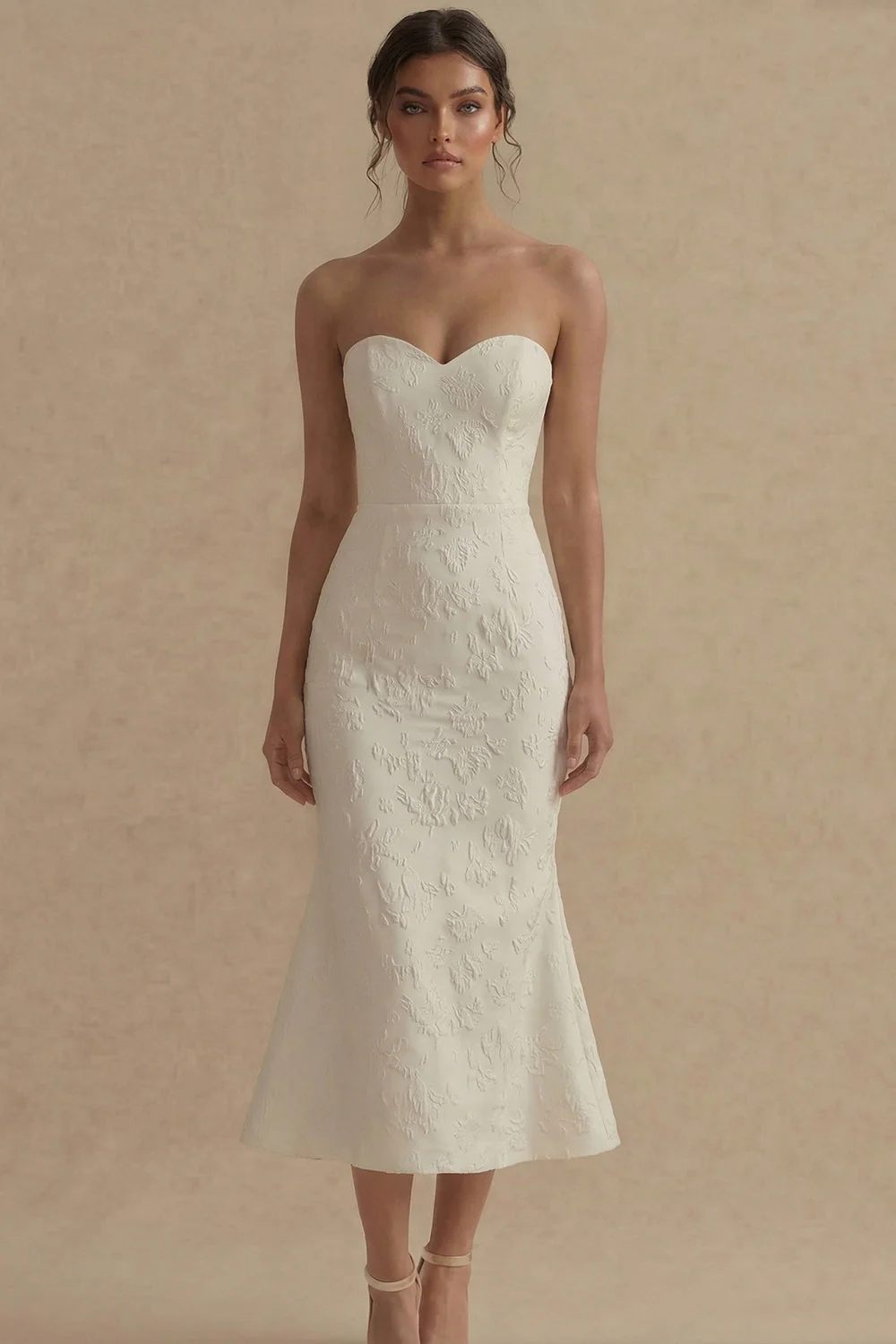 Robe de fiançailles Midi en sirène blanche jacquard sans bustelles