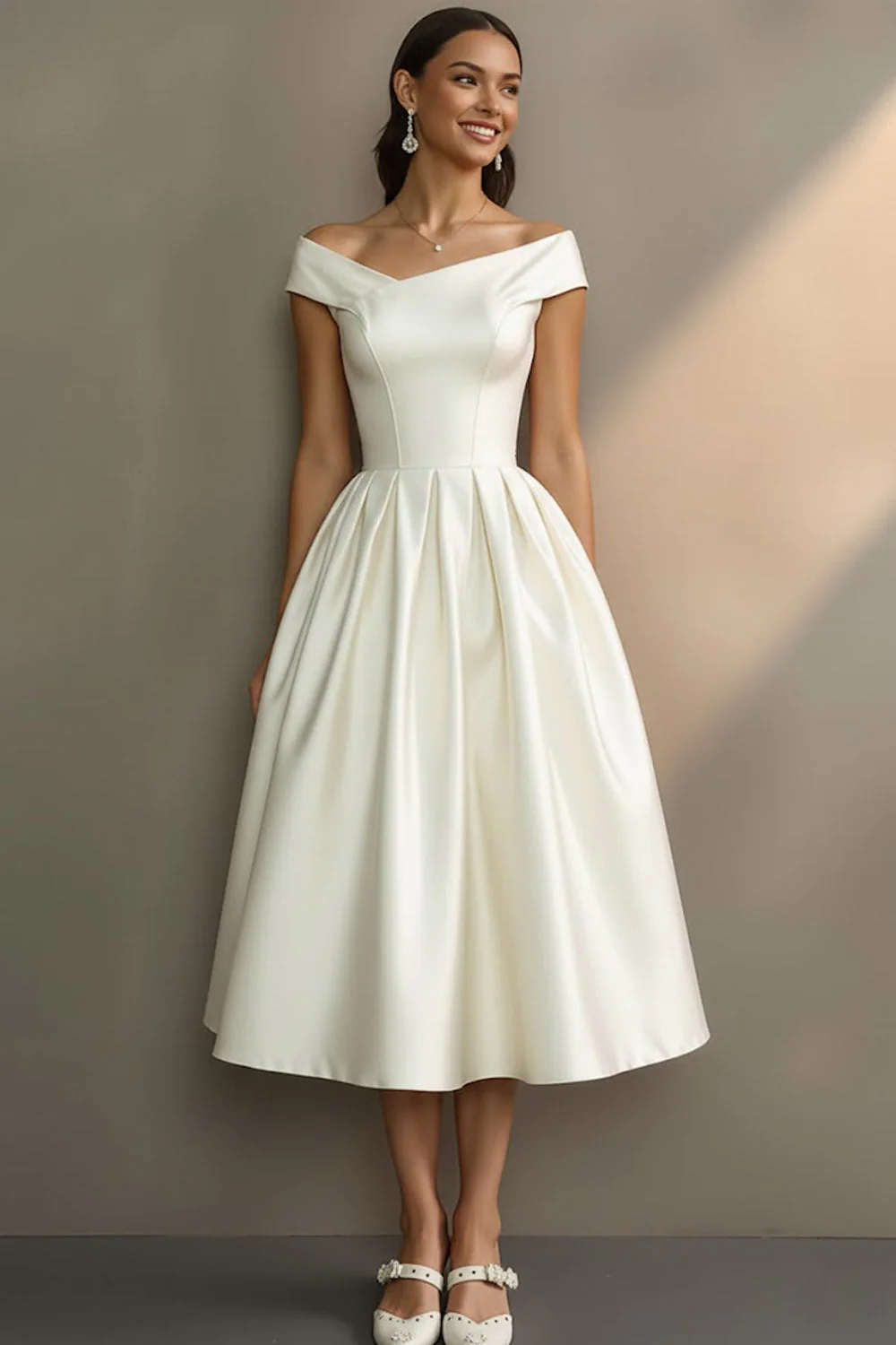 Robe de fiançailles Midi simple blanche décalée A Line