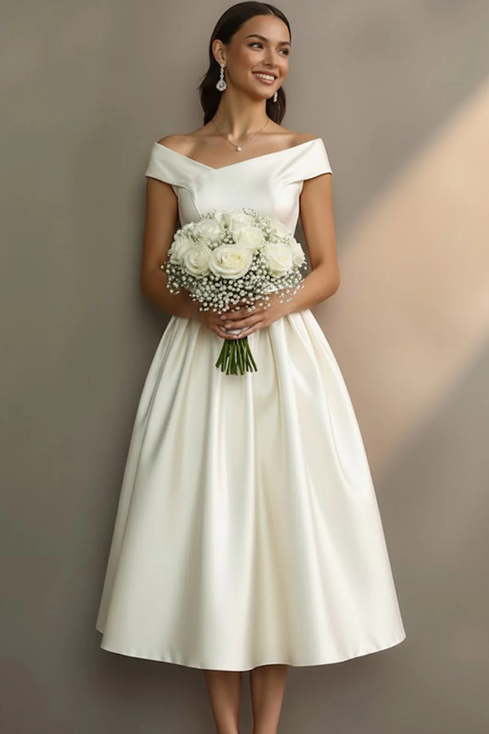 Robe de fiançailles Midi simple blanche décalée A Line - Image 5