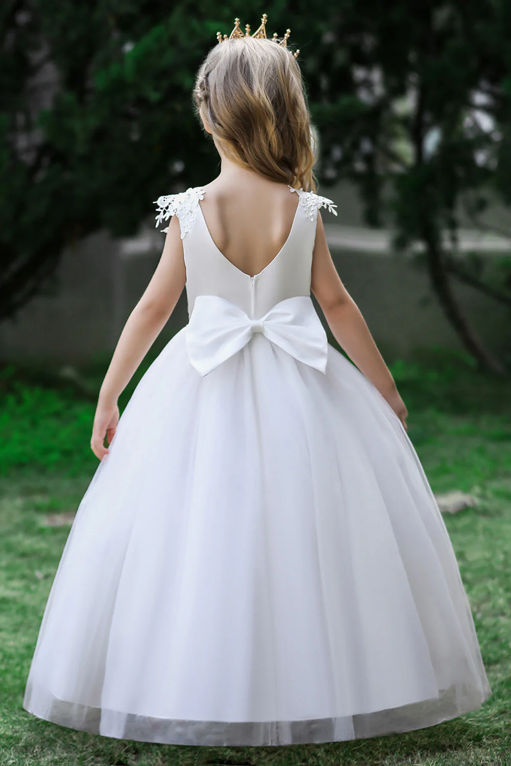 Robe de fille de fleur de désherbage blanche avec nœud - Image 2