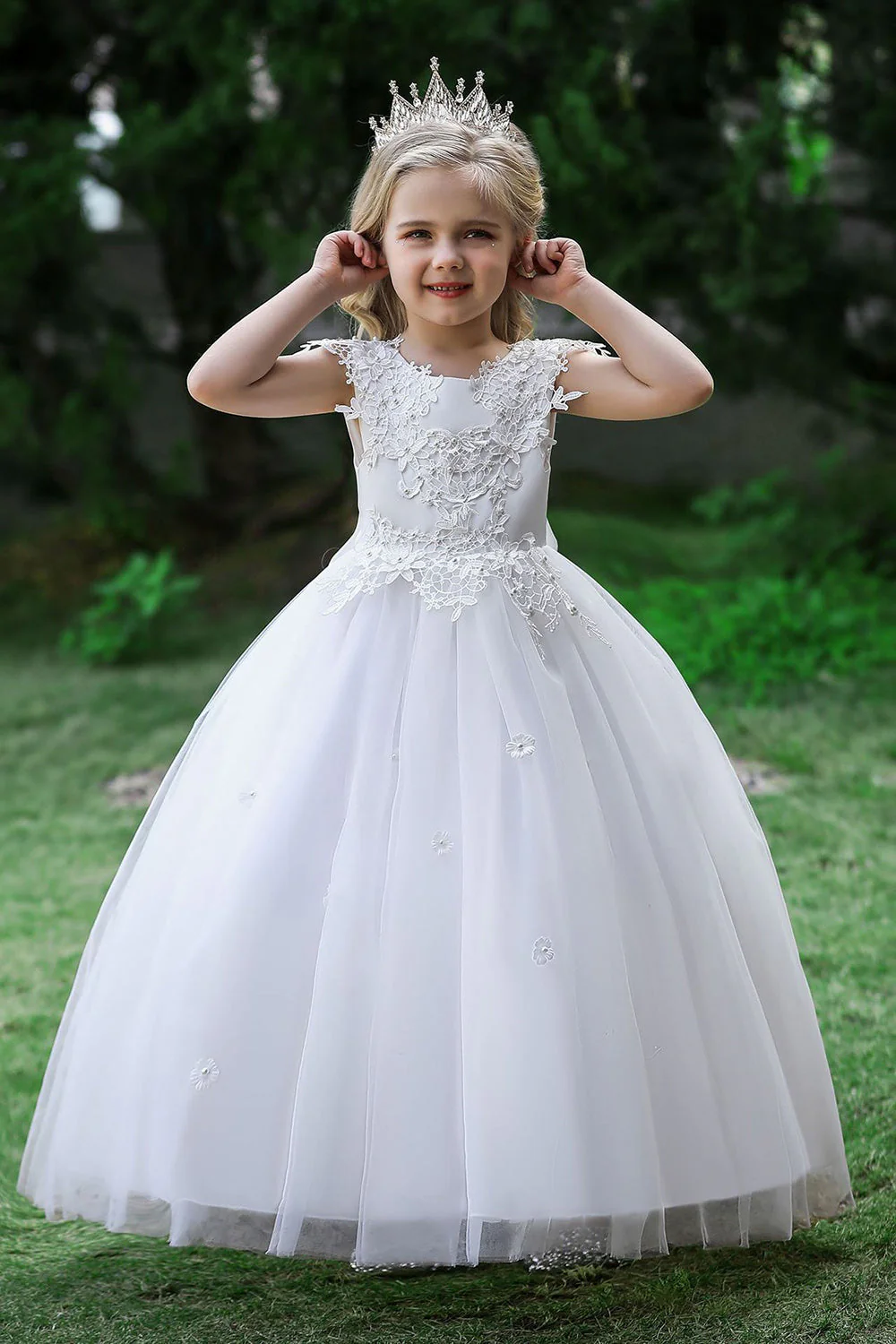 Robe de fille de fleur de désherbage blanche avec nœud - Image 3