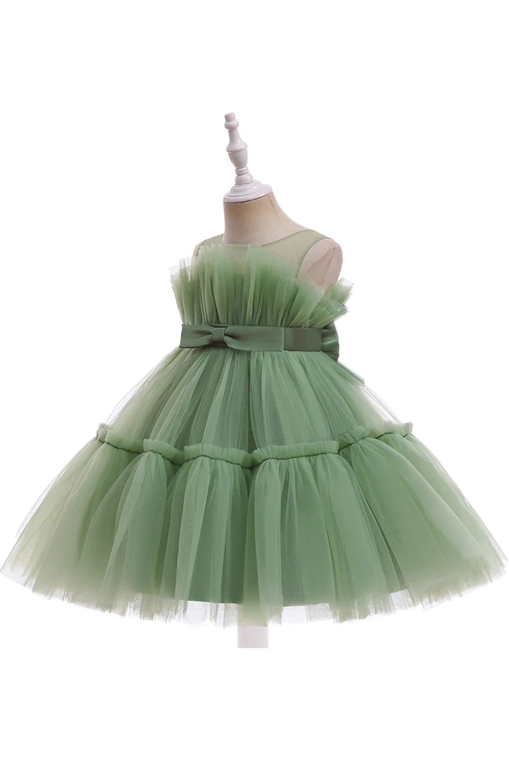 Robe de fille de fleur en Tulle à col rond vert avec noeud papillon - Image 2