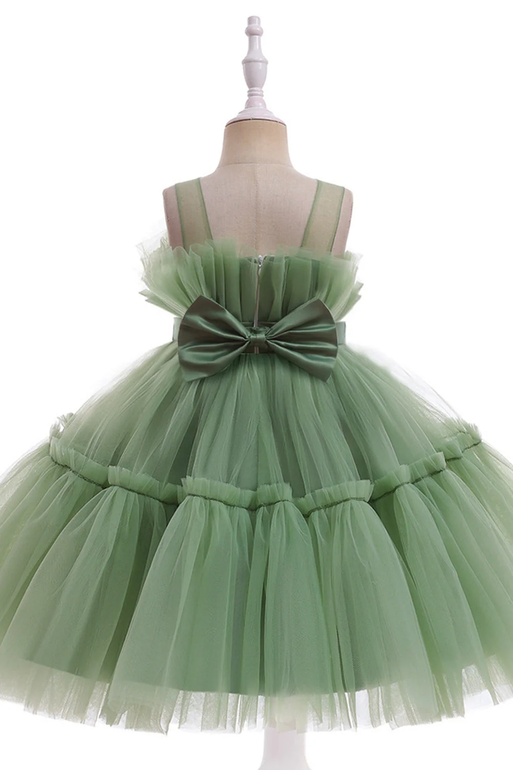 Robe de fille de fleur en Tulle à col rond vert avec noeud papillon - Image 3