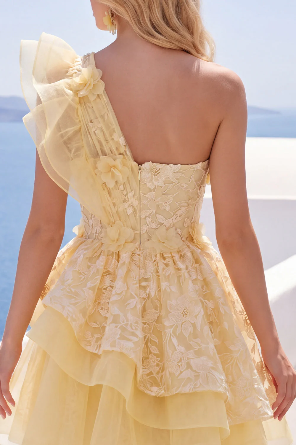 Robe de fin d’année à fleurs à volants jaune beurre à volants sur une épaule - Image 6