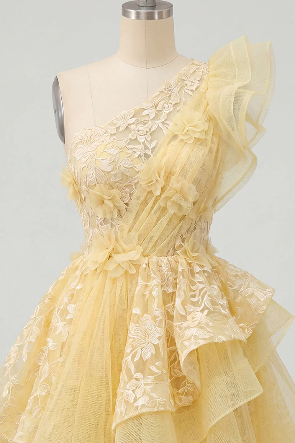 Robe de fin d’année à fleurs à volants jaune beurre à volants sur une épaule - Image 7