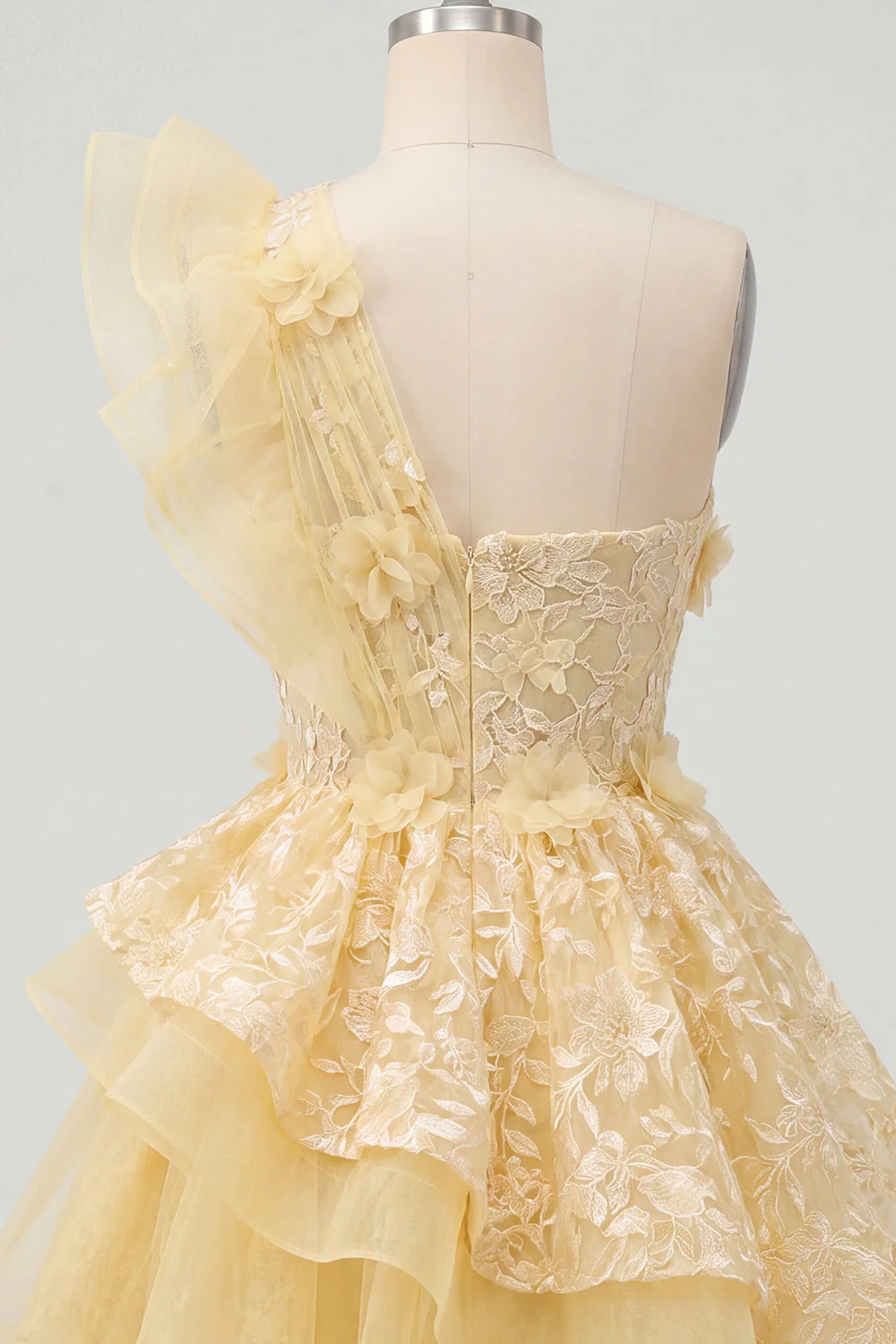 Robe de fin d’année à fleurs à volants jaune beurre à volants sur une épaule - Image 8