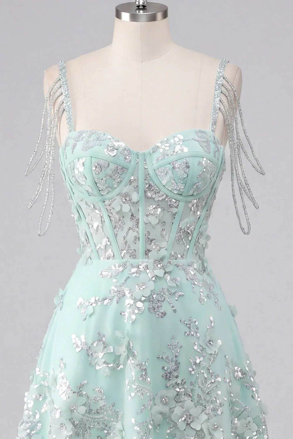 Robe de fin d’année corset ligne A à épaules dénudées, menthe fleur appliquée - Image 7