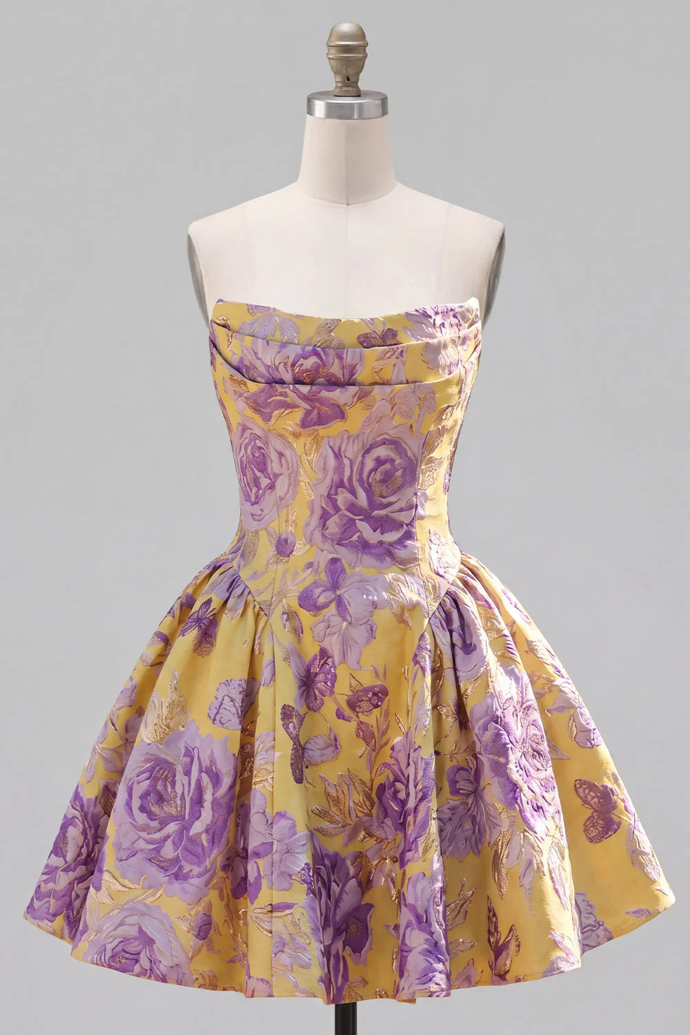 Robe de fin d’année jaune à ongles à fronçages