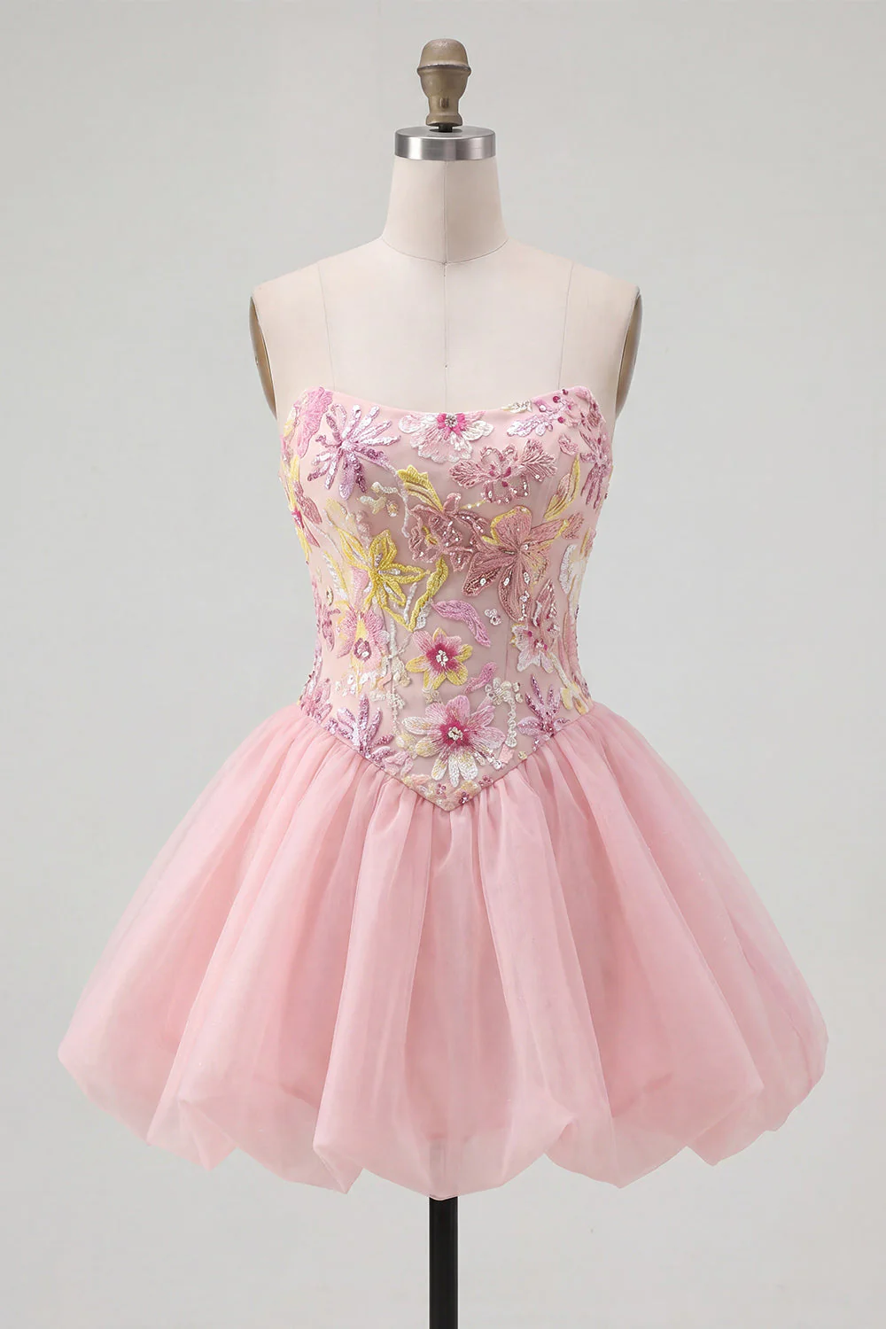 Robe de fin d’année rose Strap-bustless fleuri à sequins
